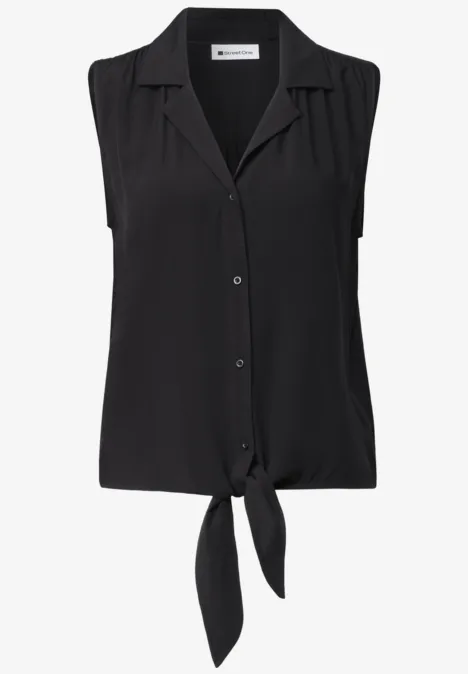 Blusentop mit Bowling-Kragen und Knoten Black Ärmellose schwarze Bluse mit Kragen, Knopfleiste und vorn gebundenem Saum.