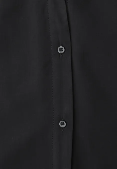 Blusentop mit Bowling-Kragen und Knoten Black Schwarzer Stoff mit einer Knopfleiste und zwei Knöpfen im Fokus