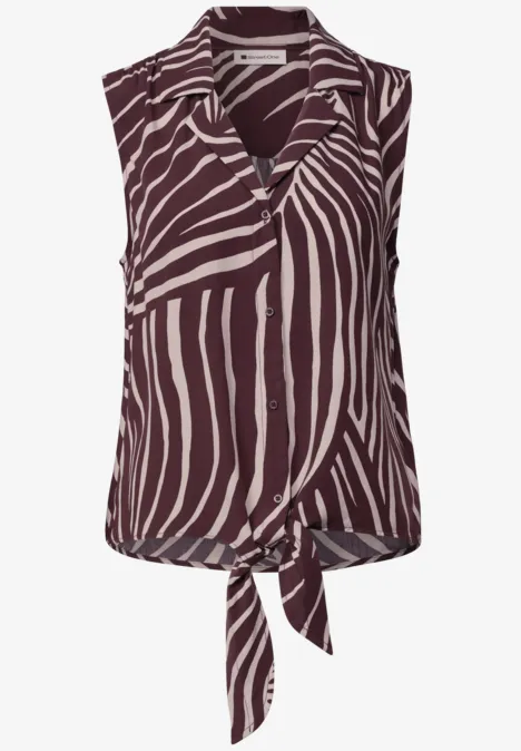 Blusentop mit Bowling-Kragen und Knoten rustic rouge Ärmellose Bluse mit braun-weißem Zebramuster und vorderem Knoten
