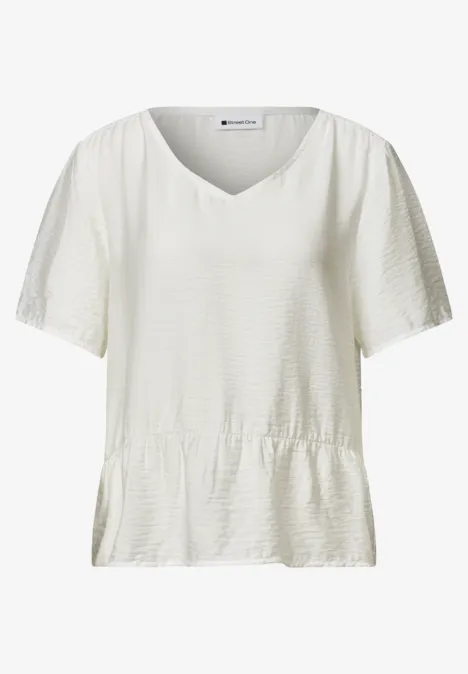 Kurzarm Bluse mit V-Neck und Schößchen off white Weißes Damen-T-Shirt mit V-Ausschnitt, kurzen Ärmeln und gerafftem Bund.