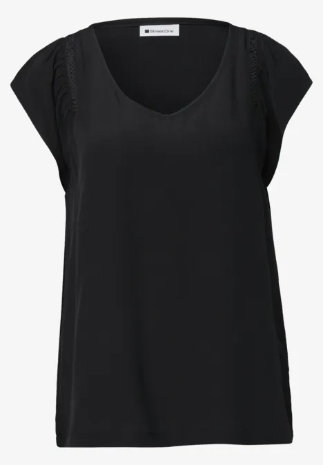 Dropped Shoulder Shirt mit V-Neck Black Schwarzes Damen-Oberteil mit kurzen Ärmeln und rundem Ausschnitt