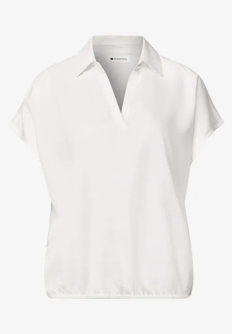 Blusenshirt mit Hemdkragen und Elastiksaum off white Weißes, kurzes Blusenshirt mit V-Ausschnitt und kurzen Ärmeln