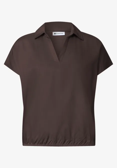 Dunkelbraunes, kurzärmeliges Damen-Shirt mit V-Ausschnitt und elastischem Saum