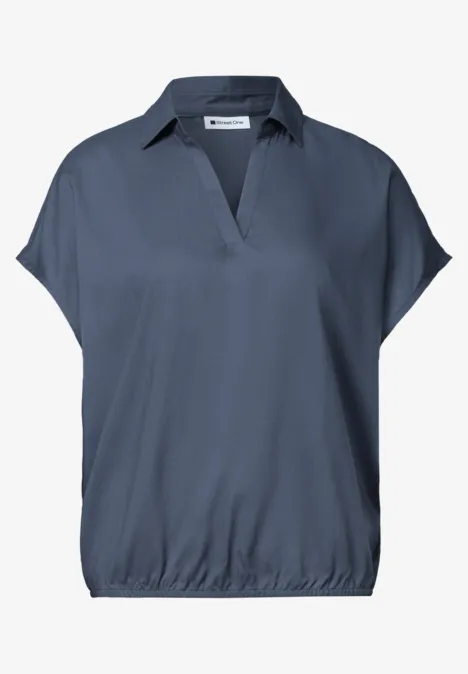 Blouseshirt met overhemdkraag en elastische zoom null Donkerblauwe blouse met korte mouwen, V-hals en elastische zoom