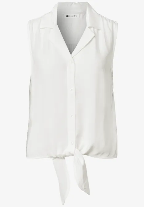 Blusentop mit Bowling-Kragen und Knoten off white Ärmellose weiße Bluse mit V-Ausschnitt und Frontknoten