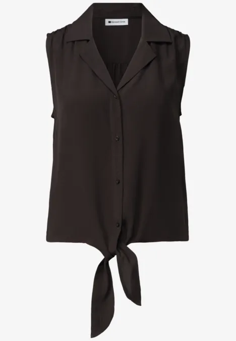 Blusentop mit Bowling-Kragen und Knoten espresso brown Ärmellose schwarze Bluse mit Hemdkragen, Knopfleiste und vorderem Knotendetail.