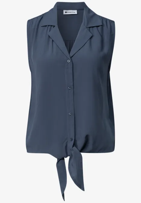 Blusentop mit Bowling-Kragen und Knoten ashen blue Ärmellose marineblaue Bluse mit Knopfleiste und modischer Knotenbindung am Saum