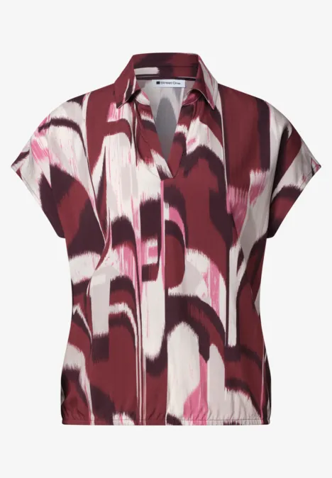 Kurzärmlige Bluse mit abstraktem Muster in Rot, Pink und Weiß