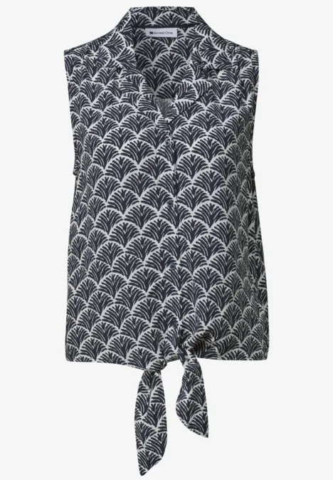 Blusentop mit Bowling-Kragen und Knoten shadowed navy Ärmellose marineblaue Bluse mit Kragen, weißem Muschelmuster und vorn gebundener Schleife.