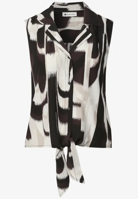 Blusentop mit Bowling-Kragen und Knoten espresso brown Ärmellose Bluse mit abstraktem schwarz-weißem Muster und Bindeschleife am Saum