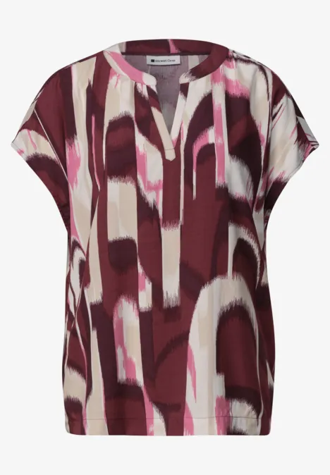Korte mouw blouse met abstract dessin in bordeaux, beige en roze