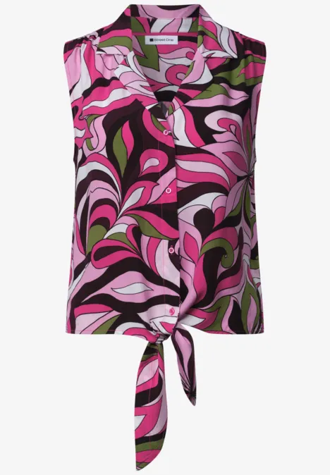 Blusentop mit Bowling-Kragen und Knoten magenta dream Ärmellose Bluse mit Knotenbund und abstraktem Blumenmuster in Pink, Grün und Schwarz.