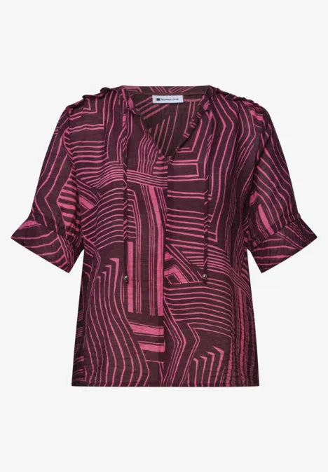 Blouse met korte mouwen, split in de hals en print blush berry Damesblouse korte mouwen abstract roze-zwarte streepdessin