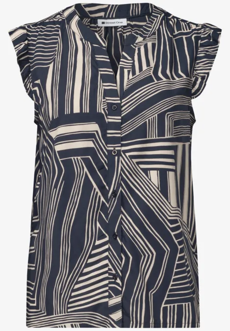 Bluse mit kurzen Ärmeln, Knopfleiste und abstraktem Schwarz-Weiß-Streifenmuster.