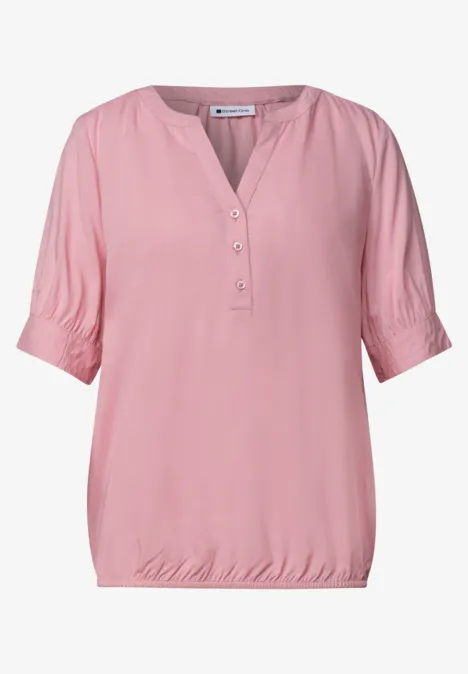 Blouse met korte mouwen, split in de hals en elastische zoom vintage blush Heller rosa Damenbluse mit halblangen Ärmeln, Knopfleiste und elastischem Saum.