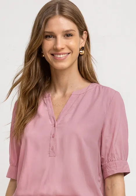 Blouse met korte mouwen, split in de hals en elastische zoom vintage blush Frau in rosa Bluse mit V-Ausschnitt und halblangen Ärmeln