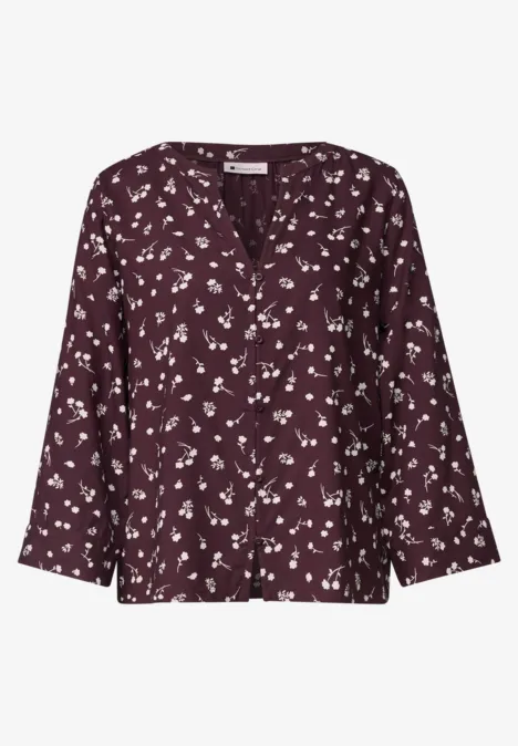 Damenbluse mit V-Ausschnitt, langärmlig, kastig, bordeauxrot mit kleinem weißen Blumenmuster