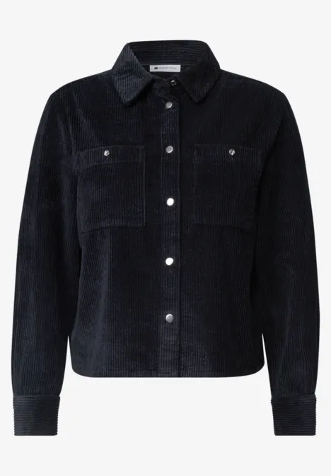 Schwarze Cordhemdjacke mit Knopfleiste, klassischem Kragen und zwei aufgesetzten Brusttaschen.