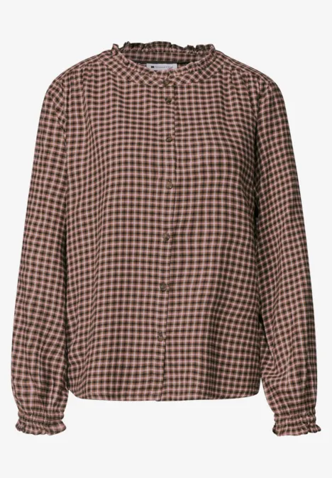 Blouse met lange mouwen, ronde hals en ruches warm blush Damenbluse braun-beige Karomuster mit Rüschenkragen, Knopfleiste und weiten Ärmeln.