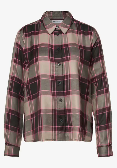 Karierte Bluse mit Knopfleiste und Hemdkragen in Grau-, Schwarz- und Rosa-Tönen.