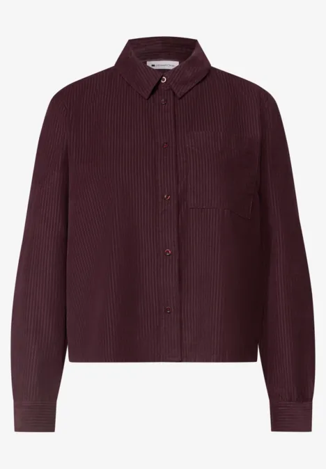 Dunkelrote, langärmelige Bluse mit Kragen und Knopfleiste.