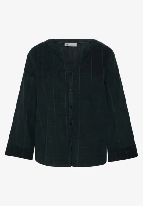 Dunkelgrüne, kariert gemusterte Hemdjacke mit Knopfleiste und Rundhalsausschnitt.