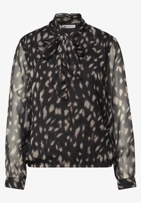 Chemisier à manches longues en chiffon avec nœud décoratif Black Schwarze, transparente Bluse mit dezentem Leopardenmuster und Schleifenkragen.