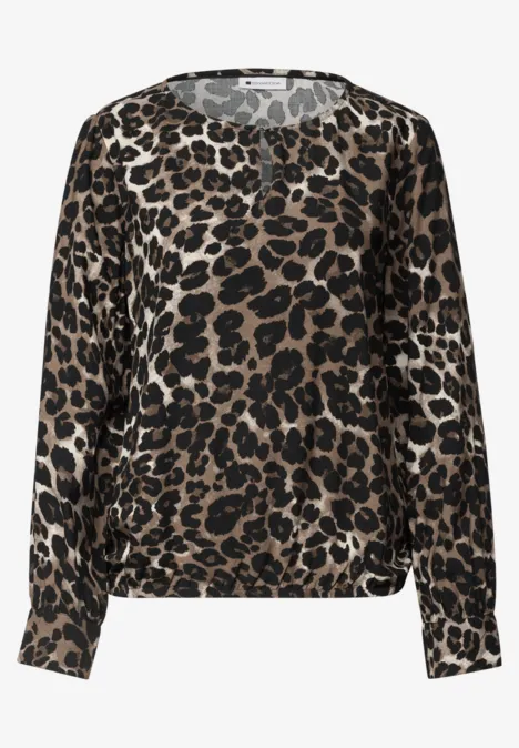 Langarm Bluse mit Rundhals und Cut-Out Black Damen-Bluse mit elastischem Saum, lange Ärmel und braun-schwarzem Leopardenmuster