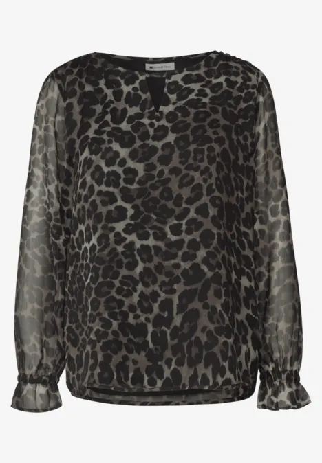 Tunika aus Chiffon mit Cut-Out-Detail Black Transparente, langärmlige Bluse mit Leo-Print, elastischem Saum und Manschetten.