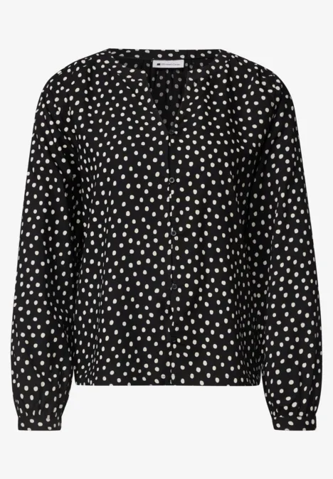 Chemisier à manches longues, à col fendu et imprimé Black Schwarze Bluse mit weißem Herzmuster, V-Ausschnitt und langen Ärmeln