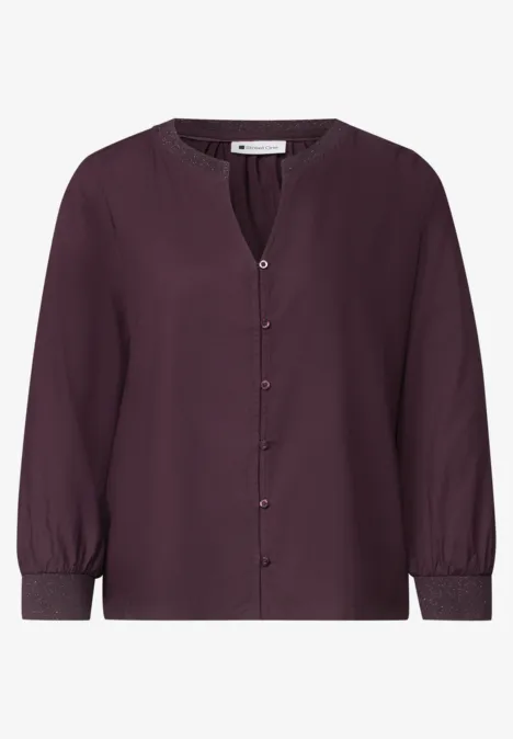 3/4-Arm Bluse mit Split Neck und Glitzer berry plum Schlichte, dunkelviolette Damenbluse mit Stehkragen, Knopfleiste vorne und langen Ärmeln mit Bündchen.