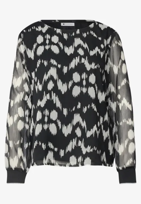 Schwarz-weiße Bluse mit abstraktem Muster, Chiffonärmel und Rundhalsausschnitt