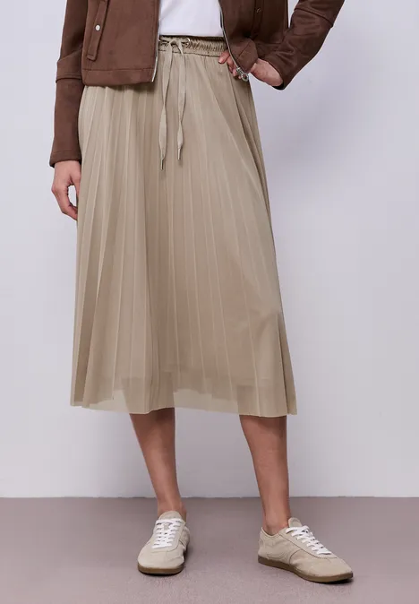 Midi-Rock aus Mesh in Plisséestruktur safari beige