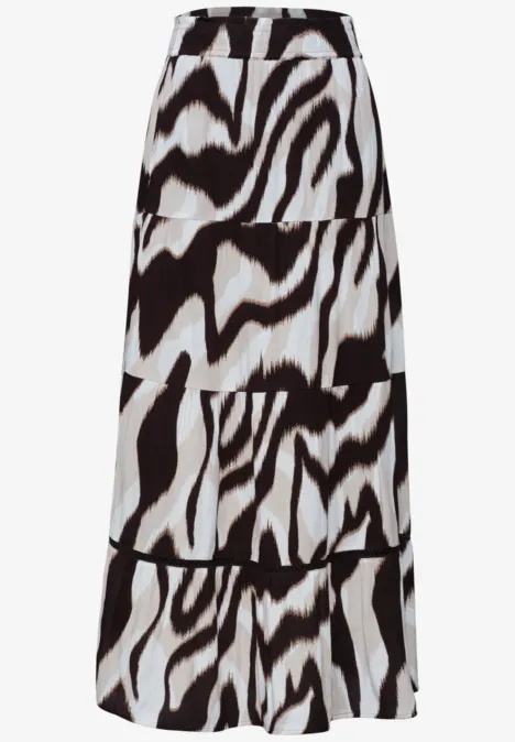 Langer Rock mit Schwarz-Weiß-Tiermuster, hoher Bund und fließendem Schnitt