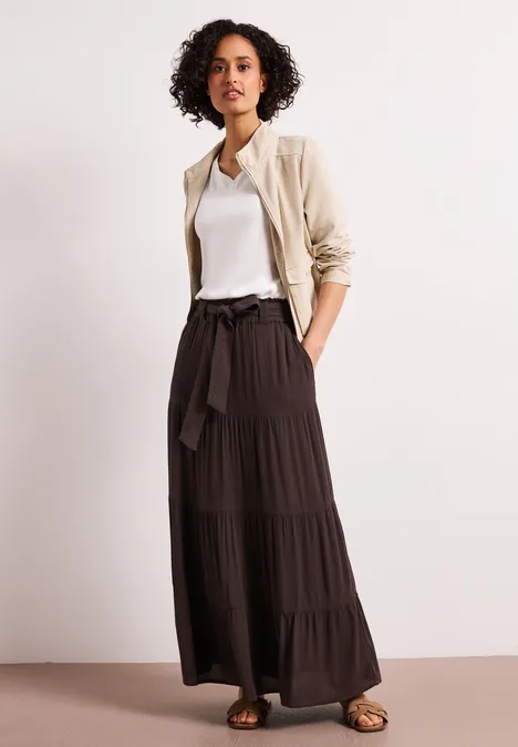 Maxi-Rock mit Volants und Gürteldetail espresso brown
