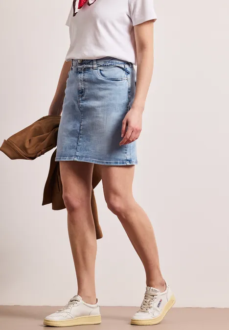 Knielanger Jeansrock mit Gürteldetail Bleach Random washed