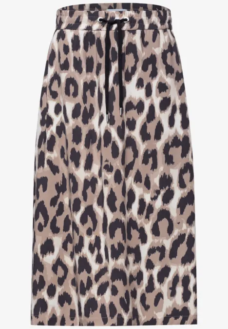 Knie-lange rok met luipaardprint, elastische taille en koord.