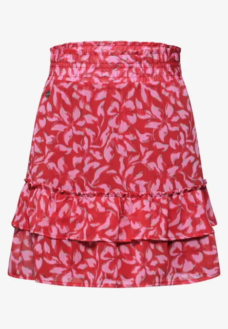 Roter, kurzer Rock mit rosa Blattmuster, hohem Gummibund und zweilagigen Volants.