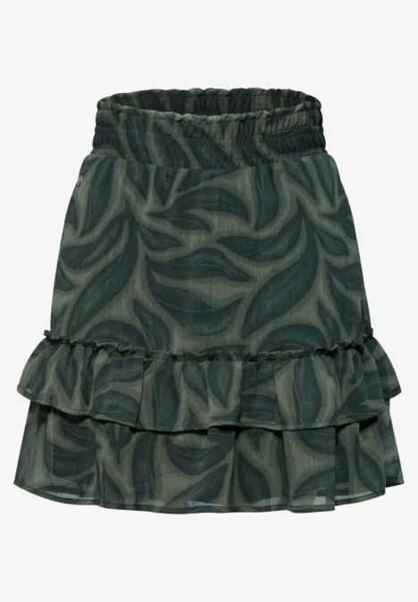 Grüner, kurz geschnittener Rock mit Blattmuster und zweistufigem Volant, elastischem Bund.