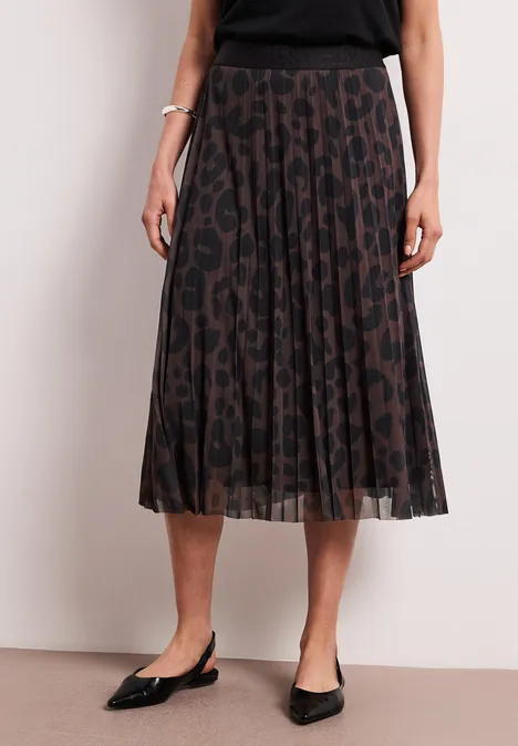Plissé midi-rok met bruin-zwarte luipaardprint.