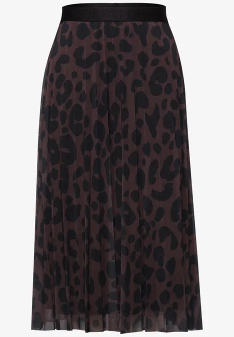 Plissé midirok in bruin-zwarte luipaardprint met elastische tailleband.