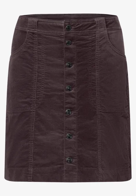 Donkerbruine corduroy mini-rok met knopenrij voor, steekzakken en ceintuurlussen.