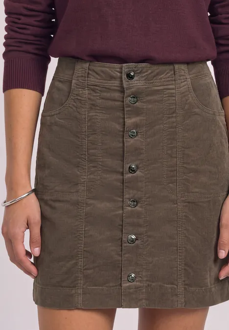 Bruin-groene corduroy rok met knoopsluiting middenvoor, hoog in de taille en licht uitlopend.
