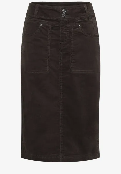 Jupe midi en velours côtelé foncé, taille haute, deux poches plaquées et fermeture à boutons.