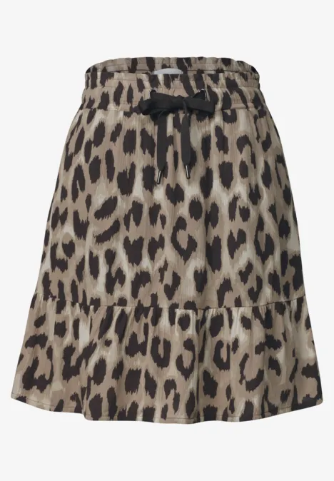 Rock mit Leopardenmuster, kurzer Schnitt, volanter Saum, elastischer Bund, Kordelzugdetail.