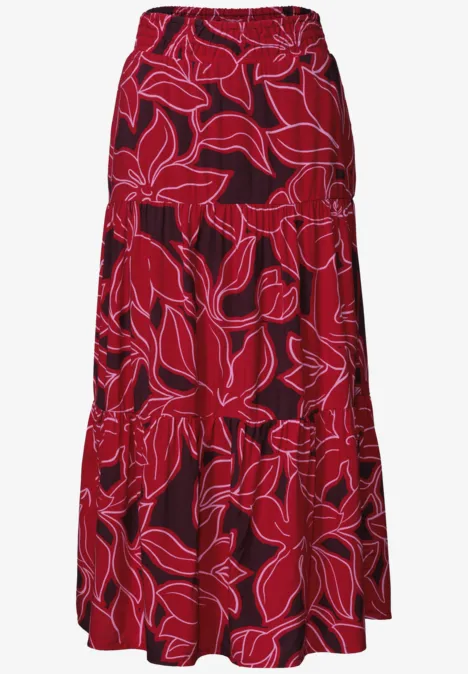 Maxi-Rock mit Volants und Print salsa red Ein roter, knöchellanger Rock mit einem großen, weißen Blumenmuster.