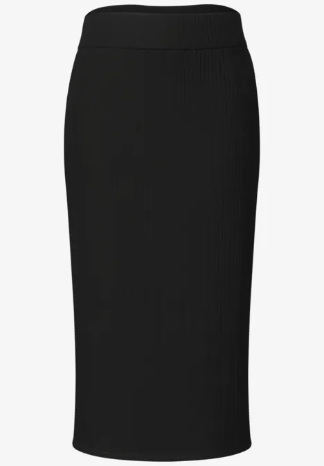 Geribde midirok met elastische tailleband Black Zwarte ribgebreide kokerrok met elastische taille en midi-lengte.
