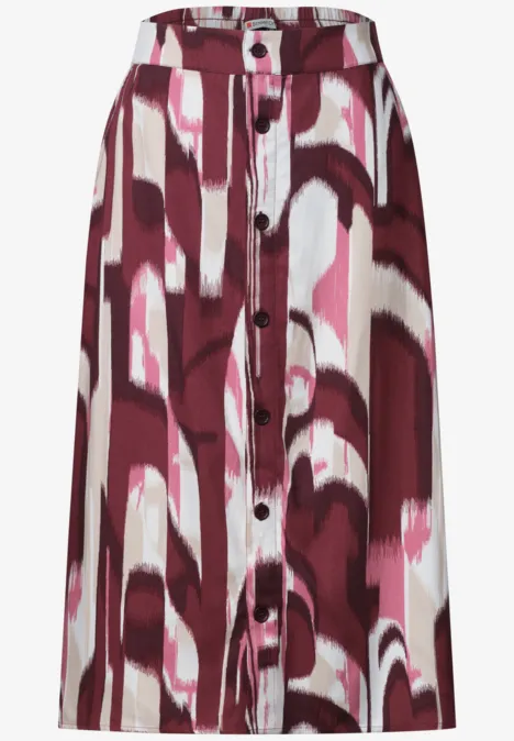 Midi-Rock mit Knopfleiste und Print rustic rouge A-Linien-Rock mit durchgehender Knopfleiste und abstraktem bordeaux-weiß-rosa Print.