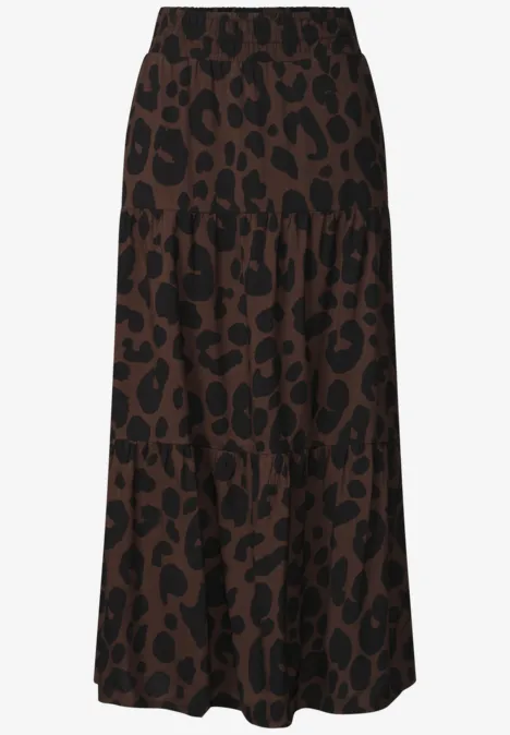 Maxi-Rock mit Volants und Print molten earth Brauner Midirock mit schwarzem Leopardenmuster,stufenförmig,elastischer Bund.