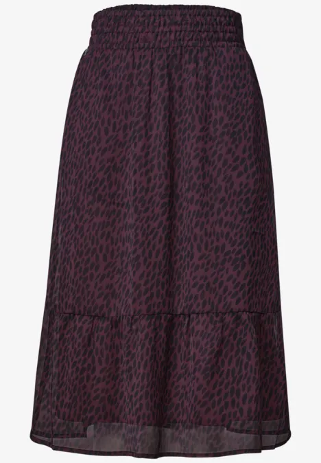 Donkerpaarse midi-rok met zwarte luipaardprint, elastische taille en geplooide zoom